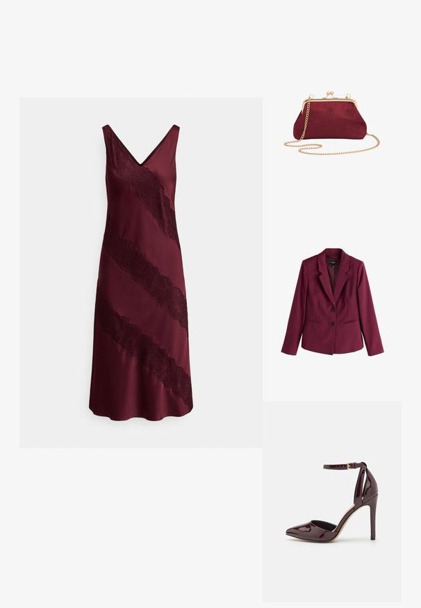 Dames getailleerde kastanjebruine blazer met notchrvers, twee zwarte knopen, twee voorflapzakken en lange mouwen.; Bordeauxrode satijnen jurk met een V-hals, voorzien van diagonale kanten accenten aan de voorkant en een vloeiende silhouet. Gladde textuur en elegant ontwerp.; Bordeauxkleurige lakleren hoge hak schoen met een puntige neus, enkelbandje en een 10 cm hoge stilleto hak. Gladde textuur en minimale details.; Bordeaux satijnen clutch met reliëf bloemenpatronen, gouden metalen frame en een afneembare schouderriem voor veelzijdige draagmogelijkheden.