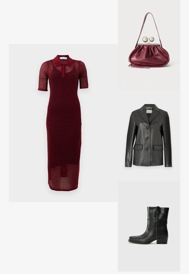 Sort faux læder blazer med klapkrave, fire knaplukninger foran og to forlommer. Glat tekstur og skræddersyet form.; Bordeaux polo kjole med korte ærmer, præget af et stribet design, knaplukning og midi-længde, lavet af letvægtsstof.; Sort læder ankelstøvle med rundt tå, blokhæl, lynlås i siden og stikninger på vampsiden. Glat tekstur, klassisk design.; Lille bordeaux læderhåndtaske med rynkede detaljer, en tynd rem og en sølvspænde med to store runde knopper.