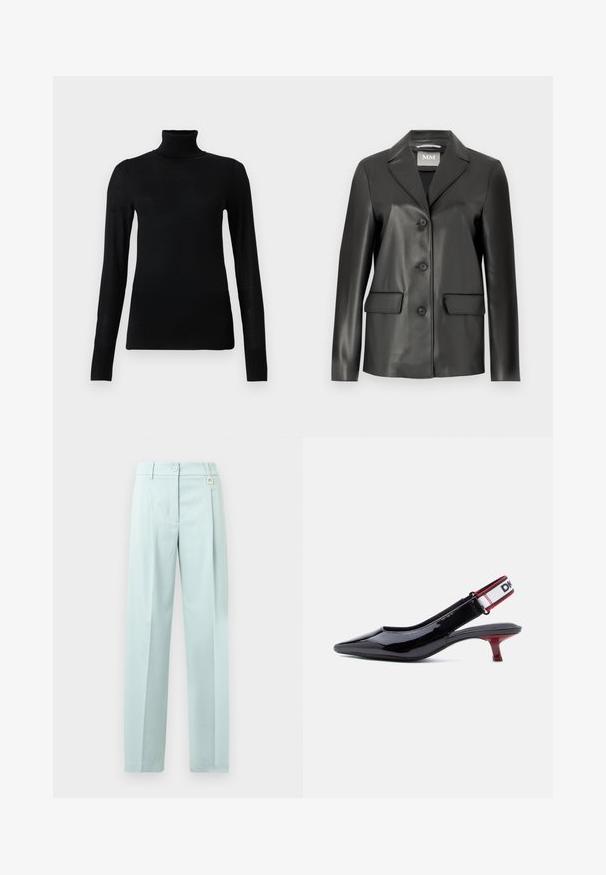 Sort faux læder blazer med klapkrave, fire knaplukninger foran og to forlommer. Glat tekstur og skræddersyet form.; Sort turtleneck sweater lavet af blødt, letvægtsmateriale. Har lange ærmer og en tætsiddende stil med høj krave.; Lyseblå bukser med høj talje lavet af glat stof. Har knaplukning, læg og en lille logoaccent på linningen.; Sort patentlær slingback-sko med spids tå, rød lille hæl og elastisk hvid strop med sort og rød kant.