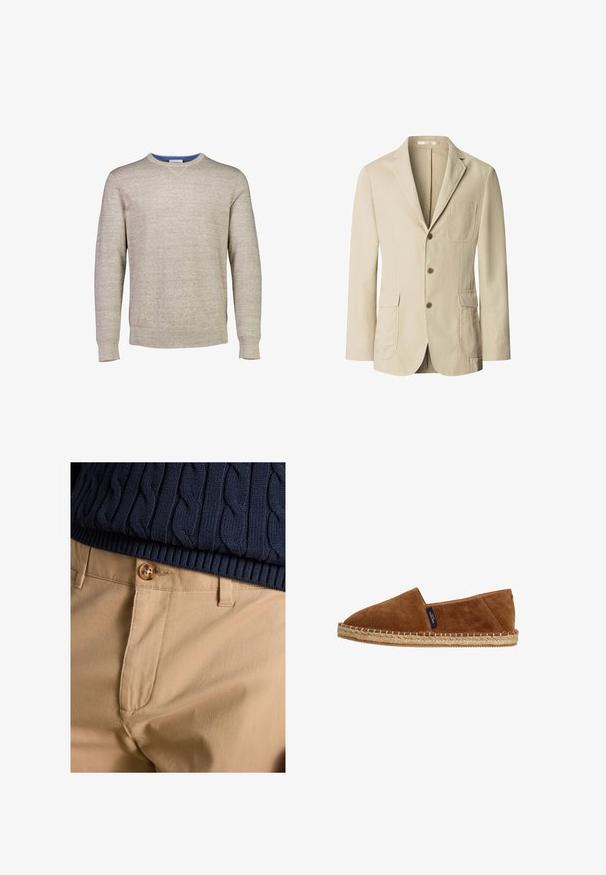 Blazer beige de hombre con tres botones marrones, solapa con muesca, un bolsillo en el pecho y dos bolsillos con solapa al frente, mostrado sobre un fondo blanco.; Suéter beige claro hecho de tela de punto texturizada. Presenta un cuello redondo con un acento azul en el interior del cuello. Mangas largas.; Primer plano de pantalones beige con cierre de botón combinados con el dobladillo de un suéter de punto con trenzas azul marino.; Espadrilla de ante marrón tipo slip-on con puntera redondeada, suela de yute natural y costuras en el borde. Sin marcas visibles exceptuando una etiqueta pequeña.