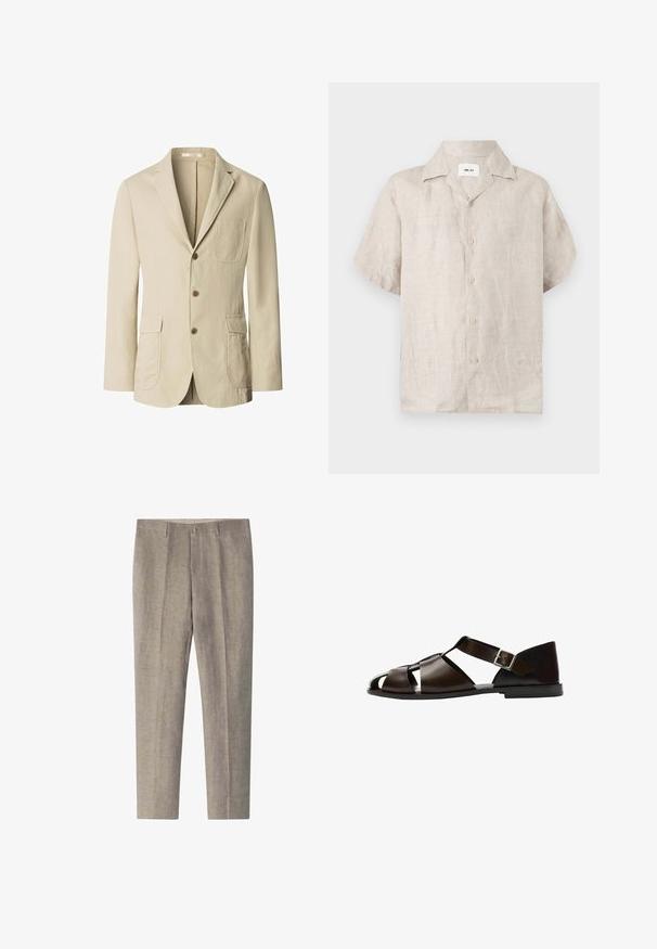 Beige herreblazer med tre brune knapper, hakspidskrave, én brystlomme og to forlommer med klap, vist på hvid baggrund.; Beige kortærmet linnedskjorte med krave og knapper foran, med en synlig hvid label inde i kraven med teksten "NN.07".; Beige skræddersyede bukser med bæltestropper, forlommer og en presset søm ned gennem midten af hvert ben.; Brune lædersandaler med åben tå-design, der har brede krydsende stropper, en ankelstrop med en metalspænde og en flad sål.
