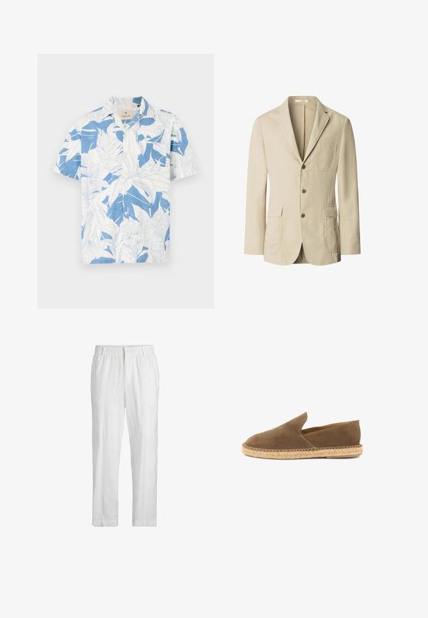 Beige herenblazer met drie bruine knopen, een ingezette reverskraag, een borstzak en twee voorzakken met klep, weergegeven op een witte achtergrond.; Korte mouw shirt met een wit en blauw tropisch bladpatroon, gemaakt van lichtgewicht stof. Heeft een klassieke kraag en een knoopsluiting aan de voorkant.; Witte linnen broeken met een elastische tailleband en een sluiting met een knoop aan de voorkant. De stof heeft een gladde, lichtgewicht textuur en een recht-pijpen ontwerp.; Bruine suède instap-espadrille met gevlochten juten zool en laag uitgesneden zijkanten, ontworpen voor casual gebruik.