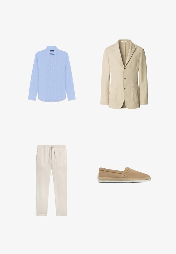 Beige herenblazer met drie bruine knopen, een ingezette reverskraag, een borstzak en twee voorzakken met klep, weergegeven op een witte achtergrond.; Lichtblauw overhemd met lange mouwen, knoopsluiting, puntige kraag en witte knopen, plat uitgespreid op een witte achtergrond.; Beige lichte linnen broek met elastische tailleband, knoopsluiting en trekkoord, rechte snit en enkellengte.; Beige instap casual schoen met suède bovenwerk, gevlochten jute rand rond de zool en witte rubberen buitenzool.