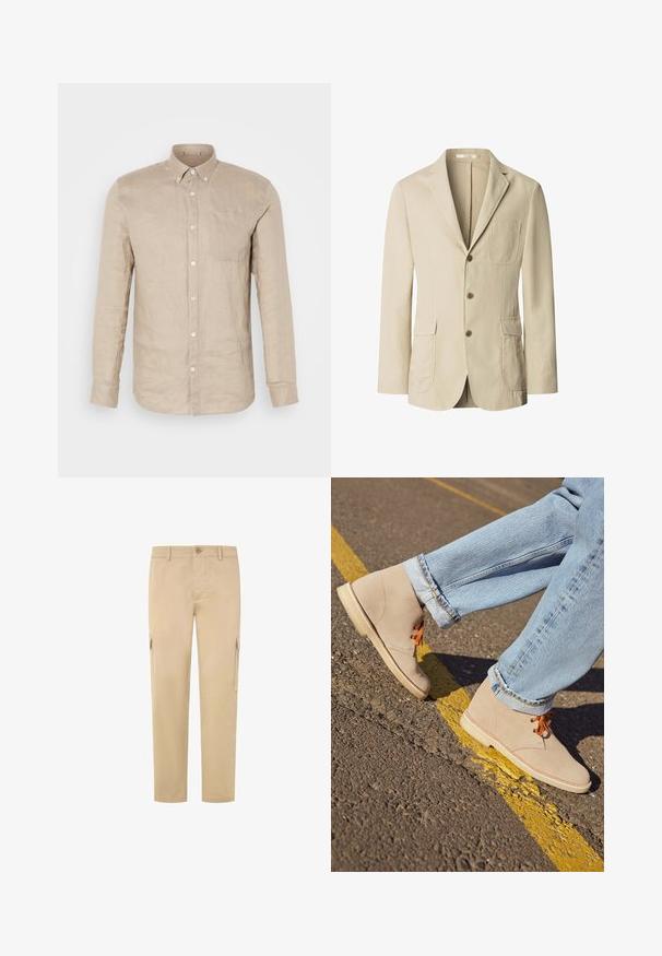Beiger Herrenblazer mit drei braunen Knöpfen, Revers mit Kerb, einer Brusttasche und zwei vorderen Pattentaschen, dargestellt auf weißem Hintergrund.; Beige Leinen-Hemd mit langen Ärmeln, einer Brusttasche und weißen Knöpfen. Glatte Textur, lockere Passform und spitzer Kragen.; Beige Cargo-Hosen aus Baumwolle mit geradem Bein, zwei Seitentaschen und einem Knopfverschluss an der Taille. Glatte Textur.; Beige Wildleder-Ankelboots mit orangefarbenen Schnürsenkeln, runder Spitze und einer leichten Gummisohle, kombiniert mit hellblauen, umgeschlagenen Jeans.