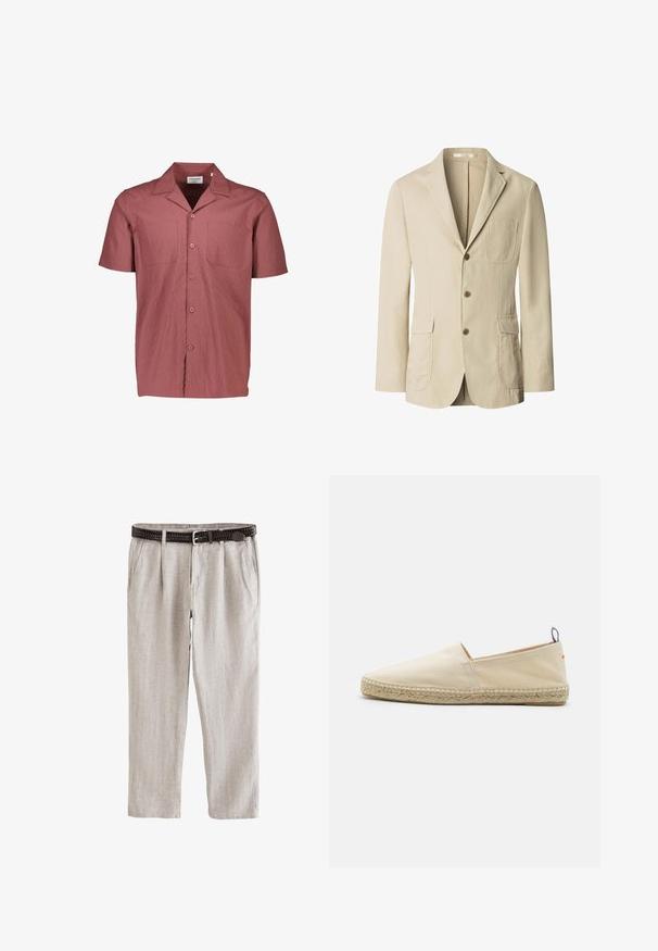 Blazer beige de hombre con tres botones marrones, solapa con muesca, un bolsillo en el pecho y dos bolsillos con solapa al frente, mostrado sobre un fondo blanco.; Camisa de manga corta, con cuello en color rojo rosa, de tejido texturizado con un ligero arrugado. Presenta dos bolsillos en el pecho y botones oscuros.; Pantalones de lino beige claro con pliegues, bolsillos laterales y un cinturón tejido marrón oscuro con hebilla plateada.; Espadrilles de lona beige con puntera redondeada, suela de yute trenzado y un pequeño acento rojo y azul en el talón. Ligeras y sin cierre.