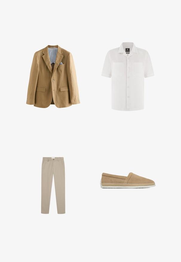 Lysbrun linned blazer med notch-lapper, to frontlommer og knaplukninger. Indvendigt har den en blå og hvid stribet foring.; Hvid kortærmet skjorte med knapper, to brystlommer og klassisk krave, lavet af 100% hørstof.; Beige skræddersyede bukser lavet af et glat stof. Har forlommer, en knaplukning og et slankt, lige ben-design.; Beige slip-on afslappet sko med ruskindsoverdel, flettet jutebiste rundt om sålen og hvid gummisål.