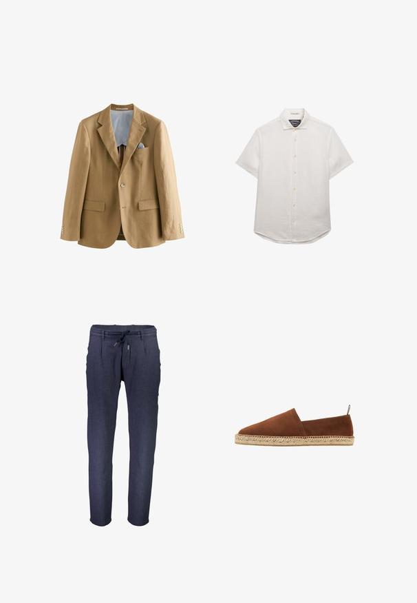 Blazer de lino marrón claro con solapas notch, dos bolsillos frontales y cierres de botones. En el interior presenta un forro a rayas azul y blanco.; Camisa blanca de manga corta con botones y cuello, siete botones y etiqueta de la marca dentro del cuello sobre un fondo blanco.; Pantalones tapered de color azul marino, hechos de una tela texturizada, con una cinturilla elástica y cordón ajustable, además de bolsillos laterales.; Scarosso Alpargatas - chestnut suede