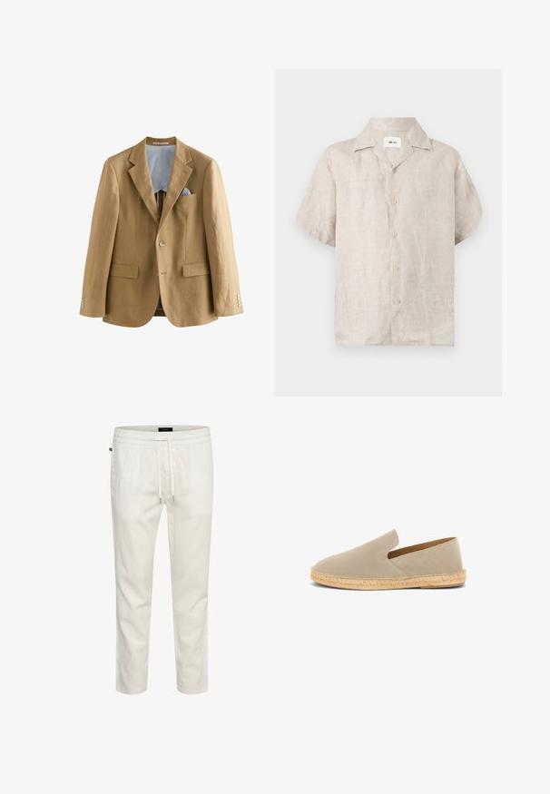 Blazer de lino marrón claro con solapas notch, dos bolsillos frontales y cierres de botones. En el interior presenta un forro a rayas azul y blanco.; Camisa de lino beige de manga corta con cuello y botones delanteros, con una etiqueta blanca visible dentro del cuello que dice "NN.07".; Joggers ligeros de algodón blanco con cintura elástica, cierre con cordón y un corte relajado. Textura suave sin patrones ni acentos.; Espadrilla beige de ante tipo slip-on con suela envuelta en yute y tacón bajo, vista lateral sobre fondo blanco.