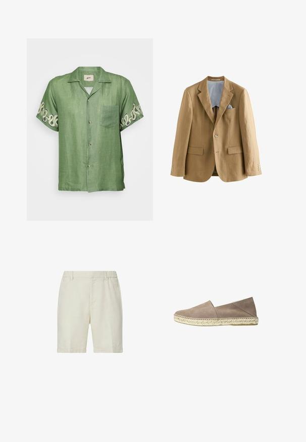 Lichtbruin linnen blazer met notch-revers, twee voorzakken en knoopsluitingen. De binnenkant heeft een blauw-witte gestreepte voering.; Korte mouwen groene linnen shirt met een knoopsluiting aan de voorkant, een opgestikt zakje en een ingewikkeld crèmekleurig spiraalpatroon op de mouwen. Lichtgewicht en ademend materiaal.; Beige knielange shorts met omgeslagen zomen, een elastische tailleband aan de achterkant, riemlussen en voorste zijzakken.; Beige suède espadrilles zonder hiel met een geweven juten zool. Kenmerkt zich door een eenvoudig ontwerp en zijopeningen voor ventilatie. Gladde textuur.