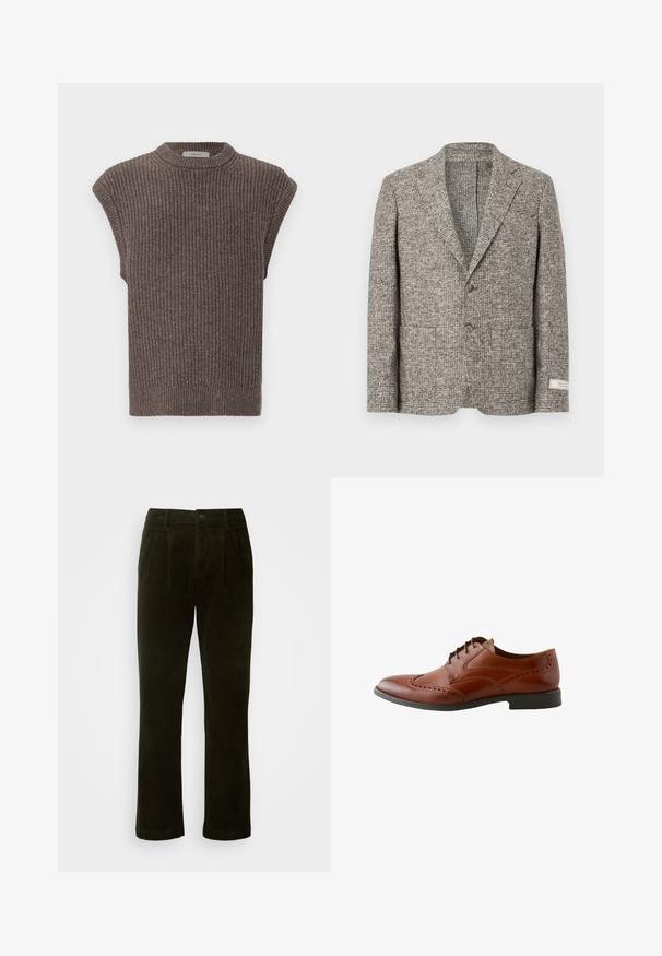 Uldblazer i et struktureret brunt plaidmønster. Har en notch-lapel, to forlommer og to knapper. Etikette på venstre ærme.; Brun strikket ærmeløs top med ribbet tekstur, høj krave og sideslidser. Har en tætsiddende kant og blødt stof.; Mørkegrønne kordfløjlsbukser med lige ben, der har forkert folder, knaplukning og en blød tekstureret overflade.; Brun læder herre brogue sko med wingtip-detaljer og sort sål, set fra siden mod en hvid baggrund.