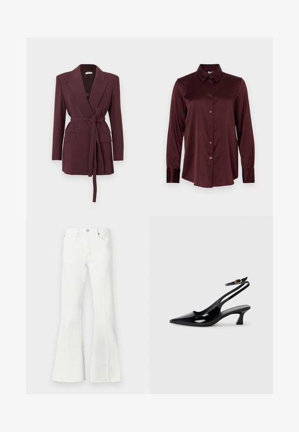 Blazer burdeos con mangas largas, solapas con muesca, bolsillos delanteros y cinturón atado en la cintura. Tela lisa con un ajuste entallado.; Camisa burdeos de manga larga con botones, hecha de tela lisa, con cuello clásico y puños abotonados, con seis botones delanteros.; Jeans de mezclilla blancos acampanados con cintura alta, que presentan un cierre de botón, dos bolsillos frontales y acabados deshilachados en la parte inferior.; Zapatos de tacón de charol negro con punta afilada, tacón bajo tipo bloque y correa ajustable en el tobillo con un hebilla dorada.