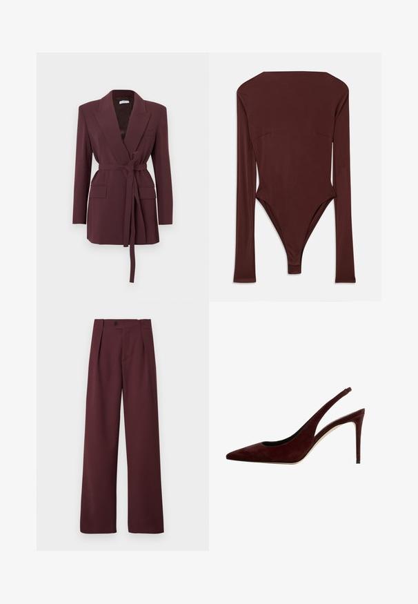 Bourgognefarvet blazer med lange ærmer, påsyede revers, forlommer og et bælte bundet i taljen. Glat stof med en skræddersyet pasform.; Mørkebrun langærmet bodystocking med høj halsudskæring og tætsiddende silhuet, lagt fladt på en hvid baggrund.; CLOSED MAWSON - Bukser - dark raisin red; Mørkerød suede slingback pump med spids tå og stiletto hæl, set fra siden på en hvid baggrund.
