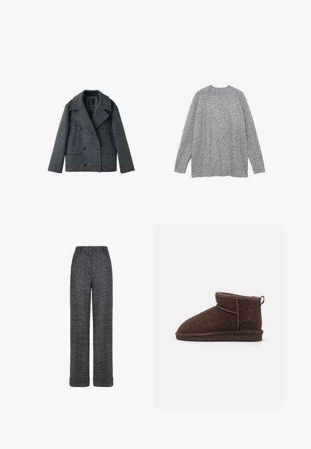 Grauer Wollmix doppelreihiger Peacoat mit Reverskragen, zwei seitlichen Taschen und Knopfverschlüssen; zeichnet sich durch eine strukturierte Form und einen strukturierten Stoff aus.; Grauer Pullover aus weichem Material, mit klassische Rundhalsausschnitt, langen Ärmeln und gerippten Bündchen sowie Saum. Glatte Textur.; Graue Wollhose mit Fischgratmuster, geraden Beinen, aufgeschlagenen Säumen und einem Bund mit Gürtelschlaufen.; Bianco BIASNOW - Ankle Boot - dark brown