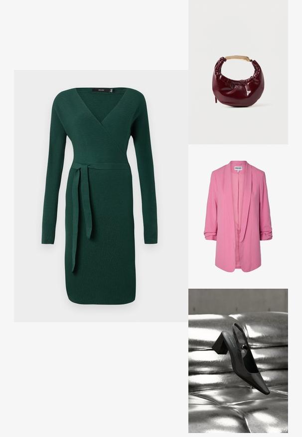 Roze damesblazer met opgerolde 3/4 mouwen, open voorkant en sjaalkraag, met het label "PIECES" aan de binnenkant van de nek.; Donkergroen, geribbeld, langof-dress met een v-hals en een strikaccent op de taille. Aangesloten ontwerp met een knie-lange zoom.; Zwarte slingback hak met een puntige neus, voorzien van een getextureerd oppervlak en een stevige blokhak. Geplaatst tegen een glanzende, metallic achtergrond.; Bordeaux neplederen handtas met een ronde vorm, geplooide details en een handgreep van goudkleurig metaal. Gladde textuur en glanzende afwerking.