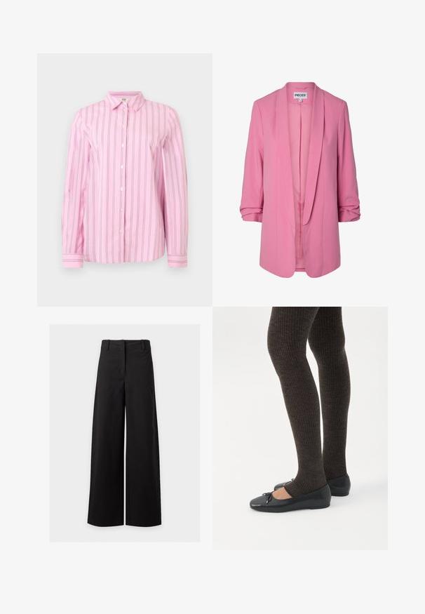 Roze damesblazer met opgerolde 3/4 mouwen, open voorkant en sjaalkraag, met het label "PIECES" aan de binnenkant van de nek.; Roze overhemd met lange mouwen, knoopsluiting, verticale dunne zwarte en witte strepen, klassieke kraag en met knopen sluitende manchetten.; Zwarte, hoog getailleerde, wijd uitlopende broek met riemlussen en een verborgen voorsluiting op een witte achtergrond.; Benen met donkere geribbelde leggings gecombineerd met zwarte ballerina's met kleine strikdetails op een witte achtergrond.