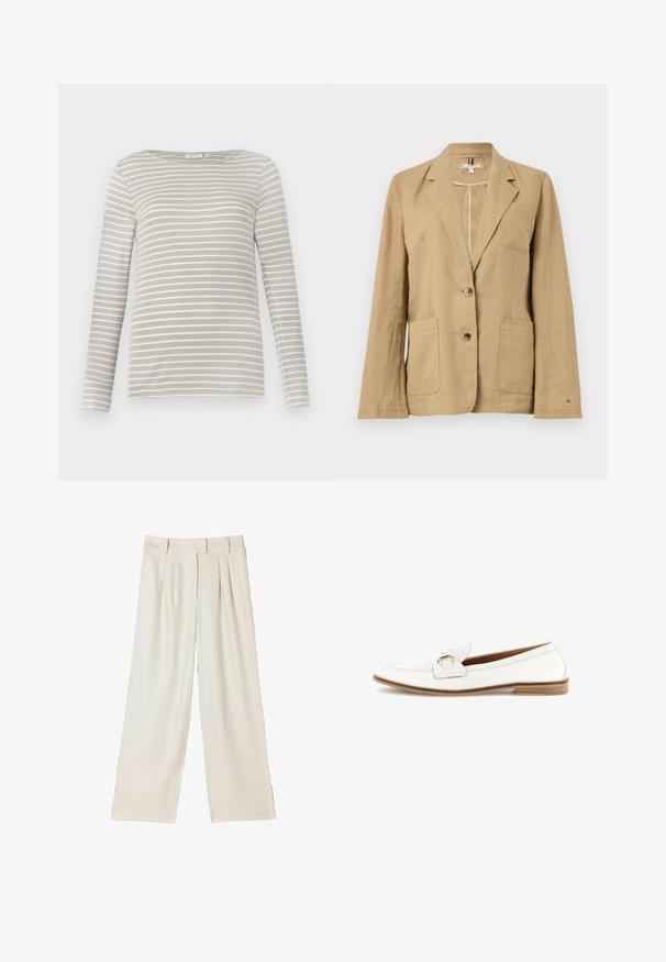Beige linnen blazer met notch lapel, twee voorzakken en twee knoopsluitingen. Bevat een enkele borstzak en zichtbare stikseldetails.; TOM TAILOR STRIPED BOAT NECK - Longsleeve - taupe/offwhite; Wijde broekspijpen in lichtbeige stof, met dubbele plooien aan de voorkant en een rechte snit, met een gladde textuur en zonder zichtbare hardware.; Witte leren loafer met een gouden gespdetail en een lage gestapelde houten hak, weergegeven in zijaanzicht op een witte achtergrond.