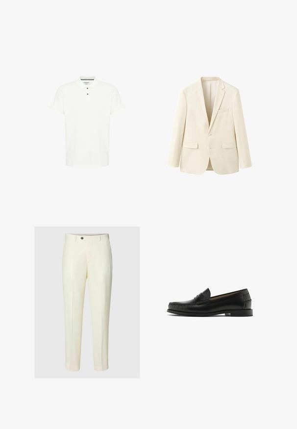 Crèmekleurige blazer met één knoop, met inkeping aan de revers, twee voorzakken met klep en één borstzak, afgebeeld tegen een witte achtergrond.; Witte polo shirt van katoen, met een klassieke kraag, korte mouwen en een drie-knopenpaneel met donkerblauwe knoppen.; Roomkleurige, op maat gemaakte broek met knoopsluiting en zijzakken, weergegeven tegen een effen achtergrond.; Zwarte lederen loafers met een ronde neus, stikdetails, een gladde textuur en een lage blokhak. Geen zichtbare versieringen of patronen.