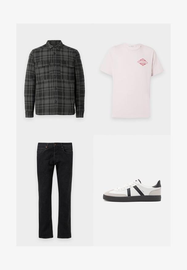 Sort og mørkegrå ternet knap-opp skjortejakke med krave, lange ærmer og to brystlommer med klap.; Lyserød T-shirt med korte ærmer og en rød diamantformet grafik med teksten "Miami Replay Palace Florida" på den øverste venstre bryst.; Sorte denim jeans med et lige ben-design, der har fem lommer, diskret slidmærker og orange syninger som detaljer.; Hvide sneakers med sorte og grå detaljer, med en tekstureret grå tåhætte, sort gummisål og flade hvide snørebånd. Rent design, minimalistisk stil.