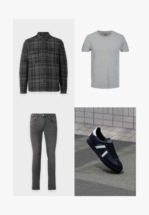 Schwarz- und dunkelgrau karierter Button-up-Hemdjacke mit Kragen, langen Ärmeln und zwei Klappentaschen auf der Brust.; Grau T-Shirt mit kurzen Ärmeln aus weicher Baumwolle. Mit klassischem Rundhalsausschnitt und normaler Passform. Einfaches Design ohne Muster oder Akzente.; Graue Jeans aus Denim im Slim-Fit, mit klassischem Fünf-Taschen-Design, Frontknopfverschluss und schwacher struktureller Detailierung überall.; Schwarze Leder-Sneaker mit weißen Streifen, strukturiertem Gummisohle und Schnürung. Verfügt über ein Markenetikett auf der Zunge.