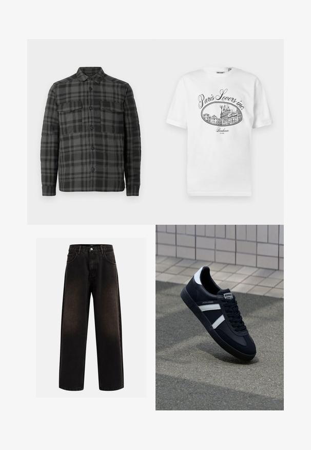 Sort og mørkegrå ternet knap-opp skjortejakke med krave, lange ærmer og to brystlommer med klap.; Hvid bomulds-T-shirt med et sort illustrativt tryk af en pariserbybillede med teksten "Paris Lovers inc." og "Bonheur EST.1992."; Sorte denim jeans med en afslappet pasform, der har bæltestropper, fem-lomme design og en knaplukning. Struktureret stof med let falmning.; Sort lædersneaker med hvide striber, tekstureret gummisål og snørrebånd foran. Har et brandet mærke på tungen.