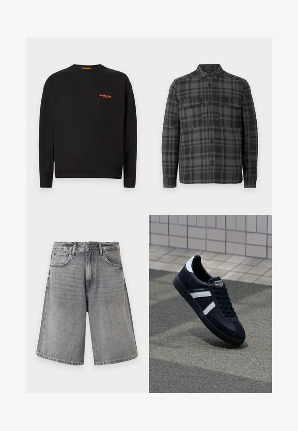 Sort og mørkegrå ternet knap-opp skjortejakke med krave, lange ærmer og to brystlommer med klap.; Sort langærmet t-shirt lavet af bomuld, der har et lille orange "Replay Inc." logo på brystet, med rund halsudskæring og almindelig pasform.; Gråslidte denimshorts til knæet med forlommer, bæltestropper og knaplukning, vist på en hvid baggrund.; Sort lædersneaker med hvide striber, tekstureret gummisål og snørrebånd foran. Har et brandet mærke på tungen.