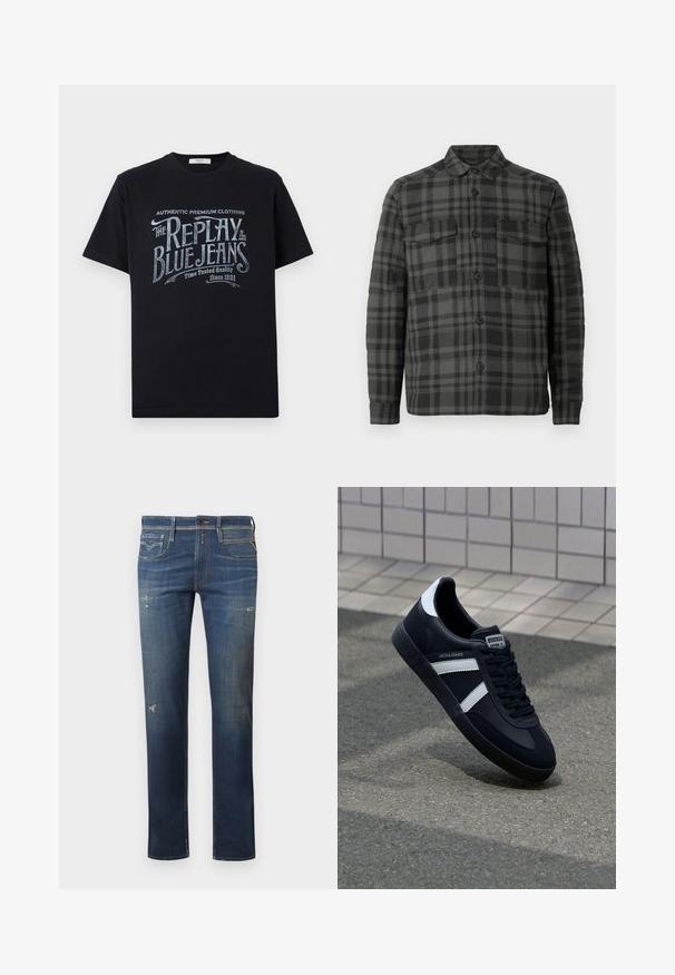 Schwarz- und dunkelgrau karierter Button-up-Hemdjacke mit Kragen, langen Ärmeln und zwei Klappentaschen auf der Brust.; Schwarzes Baumwoll-T-Shirt mit kurzen Ärmeln und rundem Halsausschnitt, mit einem grafischen Textdesign im Vintage-Stil in Weiß und hellblau auf der Vorderseite.; Dunkelblaue Jeans aus Denim mit geradem Bein, die abgenutzte Stellen, dezente Ausbleichungen und ein traditionelles Fünf-Taschen-Design mit Knopfverschluss aufweisen.; Schwarze Leder-Sneaker mit weißen Streifen, strukturiertem Gummisohle und Schnürung. Verfügt über ein Markenetikett auf der Zunge.