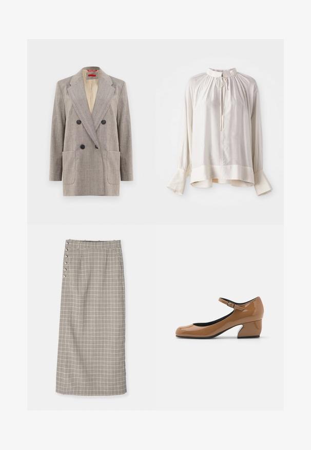 Dobbeltknappet blazer i lysegrå med tekstureret stof, vendte revers, to frontlommer og sorte knapper. Indersiden foret i beige.; Hvid silke bluse med høj krave, samlet halsudskæring og lange ærmer med flagrende manchetter og en subtil glans.; Lang, rutemønstret nederdel i sort og hvid. Har en lige pasform, høj talje og dekorerende sidelukninger. Fremstillet af vævet stof.; Brun laklæder Mary Jane sko med rund tå, ankelrem og en distinkt vinkelblokeret hæl. Glat tekstur, minimalistisk design.