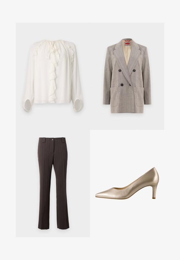 Blazer croisé en gris clair avec un tissu texturé, revers crantés, deux poches avant et boutons noirs. Doublure intérieure en beige.; Blouse blanche à manches longues avec un col et des poignets à volants. Tissu doux et léger avec des détails froncés aux épaules et aux manches.; Pantalons brun à rayures en biais avec une coupe ajustée, dotés d'une fermeture à bouton sur le devant et d'une coupe droite. Texture de tissu lisse.; Escarpin beige à bout pointu en cuir lisse avec un petit talon. Présente un design épuré et une finition légèrement brillante.