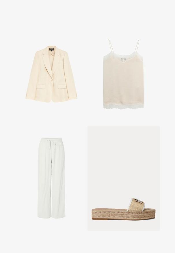 Lys beige linned blazer med en enkelt knap, spidse revers og to forlommer. Glat tekstur og skræddersyet pasform.; Beige satin cami-top med tynde stropper og hvid blondekant langs udskæringen og kanten.; Vide bukser i lysegrå, lavet af blødt, struktureret stof. Har en elastisk talje med snøre for justerbar pasform.; Flad slidssandal med vævet jutebund og beige tekstureret rem med lille sølv dekorativt emblem.