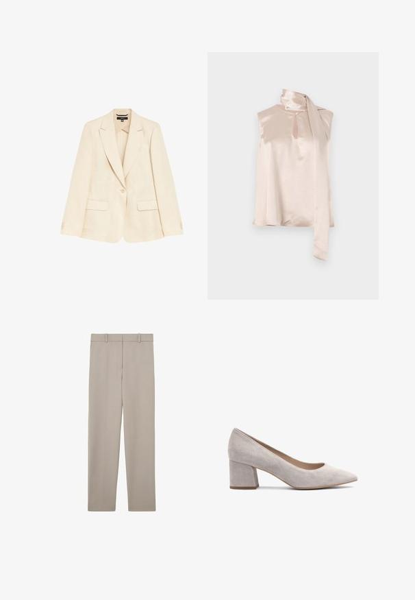 Lys beige linned blazer med en enkelt knap, spidse revers og to forlommer. Glat tekstur og skræddersyet pasform.; Satin ærmeløs top i lys pink med en nøglehul-halsudskæring og en fastgjort draperet tørklæde-detail på skulderen. Glat tekstur, minimalistisk design.; Beige, lige bukser med bæltestropper og et rent, minimalistisk design, vist fladt på en hvid baggrund.; Grå ruskind blokkens højhælede pumpe med spids tå, glat tekstur og lav åbningskant for nem påføring. Solid hæl giver stabilitet.