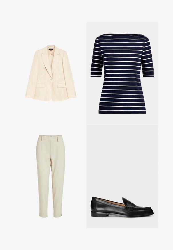 Lys beige linned blazer med en enkelt knap, spidse revers og to forlommer. Glat tekstur og skræddersyet pasform.; Marineblå skjorte med hvide vandrette striber og albuelange ærmer, vist på en ensfarvet lys baggrund.; Beige skræddersyede bukser med elastisk talje, sidelommer og en nederdel med en tætsiddende kant. Glat, letvægtsstof.; Lauren Ralph Lauren WYNNIE - Loafers - black
