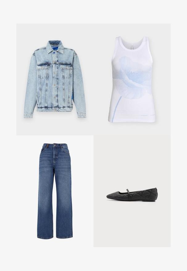 Lichtblauwe acid-wash spijkerjas met knoopsluiting aan de voorkant, twee borstzakken met klep, lange mouwen en een kraag tegen een witte achtergrond.; Wit mouwloos geribd tanktop met een groot lichtblauw klaproosmotief middenvoor.; Wijdgesneden denim jeans van middelzware blauwe katoenstof. Bevat een klassieke vijf-pocket ontwerp en een ritssluiting met knoopsluiting.; Zwarte platte schoen met puntige neus, doorgestikte geometrische patronen en een dunne band over de wreef, op een effen achtergrond.