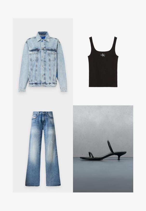 Lyseblå acid-wash denimjakke med knaplukning foran, to brystlommer med klap, lange ærmer og krave mod hvid baggrund.; Sort bomulds tanktop med rund halsudskæring og brede skulderstropper. Har et lille trykt "Calvin Klein"-logo på forsiden.; Lys blå vidde jeans i denim materiale med en falmet vask, let slid, klassisk fem-lomme design og knaplukning.; Sort Calvin Klein sandal med hæl og tynde stropper, balancerende på træfliser udendørs nær en væg og grønne planter.