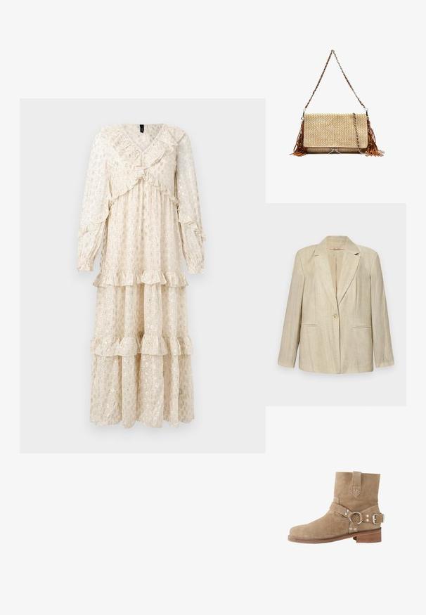 Beige Blazer mit Reverskragen, Ein-Knopf-Verschluss und zwei vorderen Taschen. Strukturierter Stoff mit vertikalen Streifen. Lange Ärmel.; Langes, cremefarbenes Kleid aus leichtem Stoff, mit einem geschichteten Volant-Design, V-Ausschnitt und langen Ärmeln mit Rüschensäumen.; Beiger Wildleder-Stiefelette mit abgerundetem Zehenbereich, verstellbarem Riemen mit Metallring und niedrigem Holzabsatz. Glatte Textur insgesamt.; Geflochtene Strohtasche mit silberner Kettenriemen, braunen Lederquasten an den Seiten und einem vorderen Reißverschlussdetail.