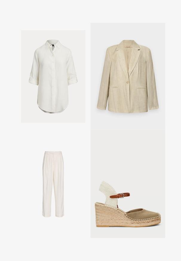 Beige blazer met een notch kraag, enkele knoopsluiting en twee frontzakken. Textured stof met verticale strepen. Lange mouwen.; Wit linnen overhemd met een button-down ontwerp, lange mouwen opgerold, afgeronde zoom en een klassieke kraag. Subtiele textuur, zachte stof.; Witte, op maat gemaakte broeken met hoge taille, plooien, ceintuurlussen en rechte pijpen, afgebeeld op een effen witte achtergrond.; Wedge espadrille met een canvas neus in olijfgroen, geweven witte hak en een bruine leren enkelband. Bevat jute details langs de zool.