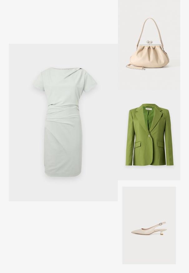 Groene enkeknoopblazer met ingesneden revers, twee klepzakken en een borstpaspelzak, afgebeeld tegen een effen achtergrond.; Lichtgroen knielang jurkje met korte mouwen, asymmetrische halslijn en geplooid stofdetail op de taille.; Beige slingback schoen met spitse neus, lage kittenhak en een enkelbandje met een kleine gesp, afgebeeld op een effen witte achtergrond.; Beige zachte leren handtas met een zilveren metalen frame sluiting, een enkele schouderriem en een optionele kettingriem op een witte achtergrond.