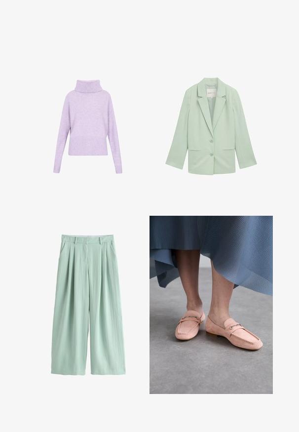 Lys mintgrøn blazer lavet af glat stof, med en klippespor, to forlommer og to knapper.; Lilla sweater med en høj ribbet rullekrave, drop-skulder og ribbet kant. Fremstillet af blødt stof med en glat tekstur.; Lysegrønne bukser med vide ben og høj talje, for-ploer, bæltestropper og sidelommer, vist på en hvid baggrund.; Lyserøde ruskind loafers med flad sål, der har en dekorativ metal kæde og syningsdetaljer. Båret med en plisseret blå nederdel.