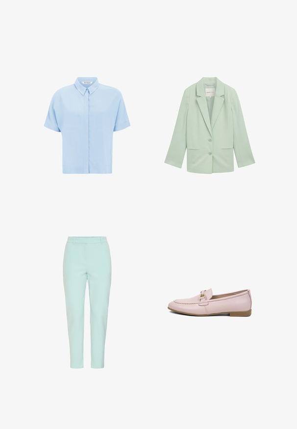 Helles mintgrünes Blazer aus glattem Stoff, mit Reverskragen, zwei Fronttaschen und zwei Knöpfen.; Helles blaues kurzärmliges Hemd aus weichem Stoff, mit einer Knopfleiste und einem klassischen Kragen. Sanfte Textur und lockere Passform.; Hellmintgrüne, taillierte Hose mit schmaler Passform, die eine glatte Textur aufweist und keine sichtbaren Beschläge oder Muster hat.; Hellrosa Lederloafer mit goldfarbenem Metalldetail, abgesteppten Zehenbereich und niedrigem Holzabsatz, seitlich auf weißem Hintergrund dargestellt.