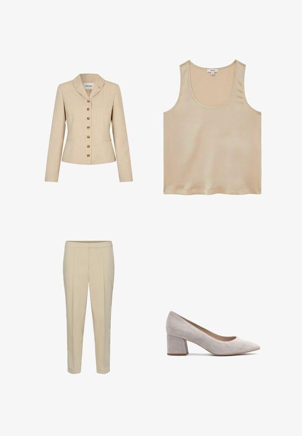 Beige blazer med skræddersyet pasform, med en slagkrave, seks knapper i guldfarvet metal og to sidelommer. Struktureret stof.; Reiss REGULAR FIT - Bluse - neutral; Beige skræddersyede bukser med lige ben, frontfald og opsmøg i kanten. Glat tekstur uden synlig hardware eller mønstre.; Grå ruskind blokkens højhælede pumpe med spids tå, glat tekstur og lav åbningskant for nem påføring. Solid hæl giver stabilitet.