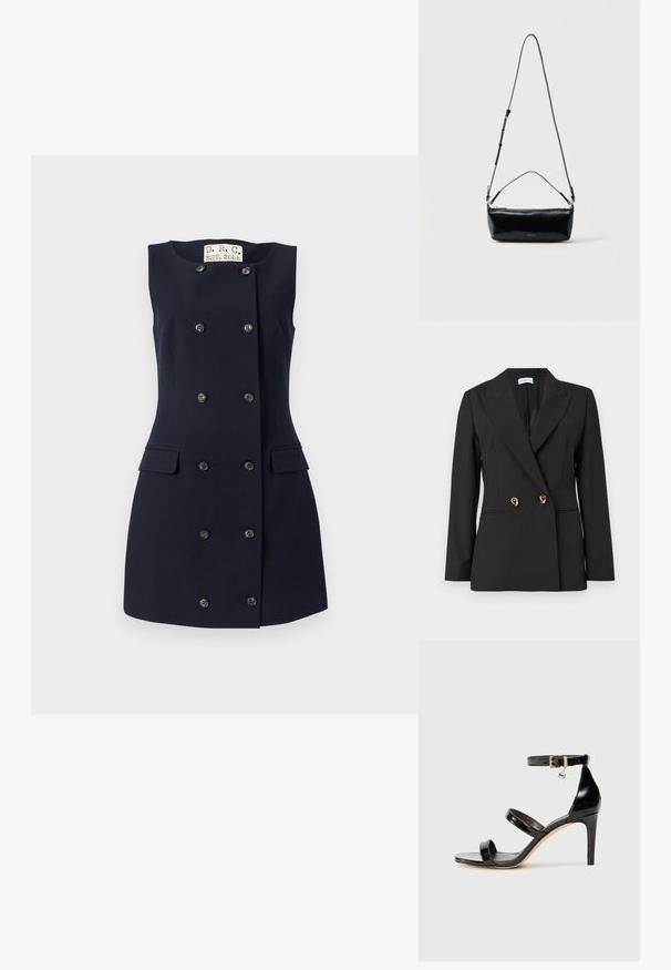 Veston noir sur mesure avec manches longues, revers crantés, deux boutons décoratifs dorés et poches à fente sur le devant.; Robe bleu marine sans manches avec une silhouette ajustée, design croisé avec six boutons noirs et deux poches latérales. Texture unie.; Sandale en cuir verni noir avec trois brides, boucle de cheville et talon aiguille de 10 cm. Présente un détail en métal doré et un charm logo.; Sac bandoulière rectangulaire en cuir noir avec bandoulière ajustable, fermeture éclair sur le dessus et petit logo Calvin Klein doré sur le devant.