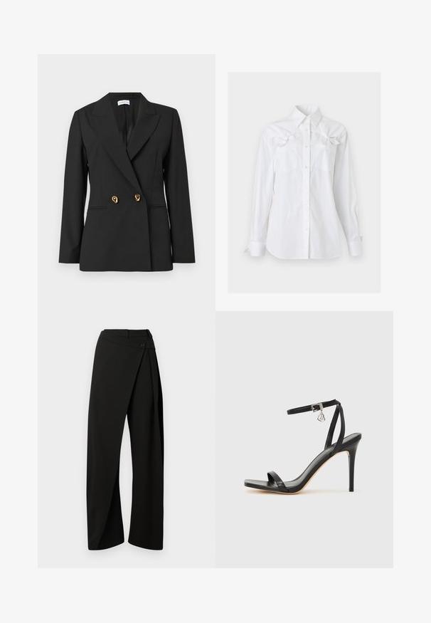 Schwarzer taillierter Blazer mit langen Ärmeln, angedeutetem Revers, zwei goldfarbenen Zierknöpfen und vorderen Paspeltaschen.; Weißes, langärmliges Hemd mit Kragen und zwei Brusttaschen, jeweils mit einer dekorativen Schleife nahe dem oberen Rand.; Schwarze weit geschnittene Hose mit einem vorderen Wickelpanel und einem Knopfverschluss an der Taille, vor weißem Hintergrund präsentiert.; Schwarze High-Heel-Sandale mit schmalem Knöchelriemen, quadratischer Zehenbox, glattem Leder und metallischem Schnallenakzent.