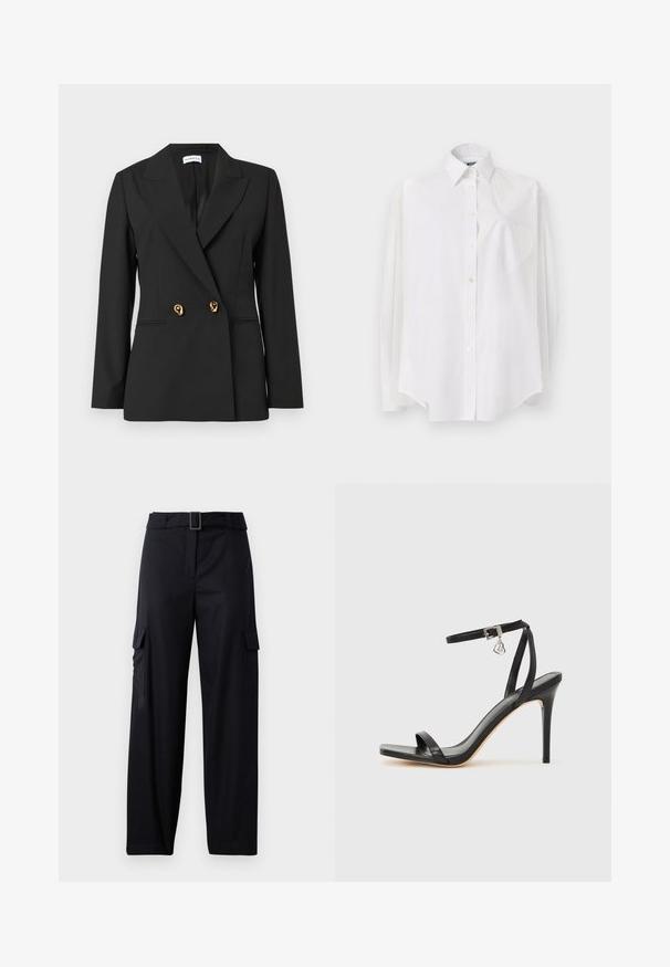 Veston noir sur mesure avec manches longues, revers crantés, deux boutons décoratifs dorés et poches à fente sur le devant.; Chemise blanche à manches longues en tissu léger, dotée d'un col classique, d'une fermeture à boutons et d'une poche en forme de cœur sur le côté gauche.; Pantalons cargo noirs avec une coupe droite, dotés de deux poches latérales et d'une ceinture avec une boucle rectangulaire. Texture de tissu lisse.; Sandale à talon haut noire avec une bride étroite à la cheville, bout carré, cuir lisse et accent de boucle métallique.