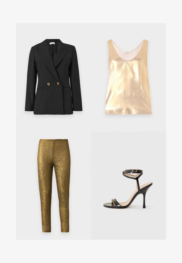 Blazer negro a medida con mangas largas, solapas con muesca, dos botones decorativos dorados y bolsillos delanteros con ojal.; Top sin mangas de color dorado metálico con un escote profundo. Textura suave, diseño ajustado y un forro interior suave.; Leggings metálicos dorados con un patrón de rayas verticales texturizadas. La tela tiene un acabado brillante y una silueta ajustada y esbelta.; Sandalia de tacón alto de charol negro con tira delgada en el tobillo y hebilla, punta abierta y tacón aguja esbelto sobre fondo blanco.