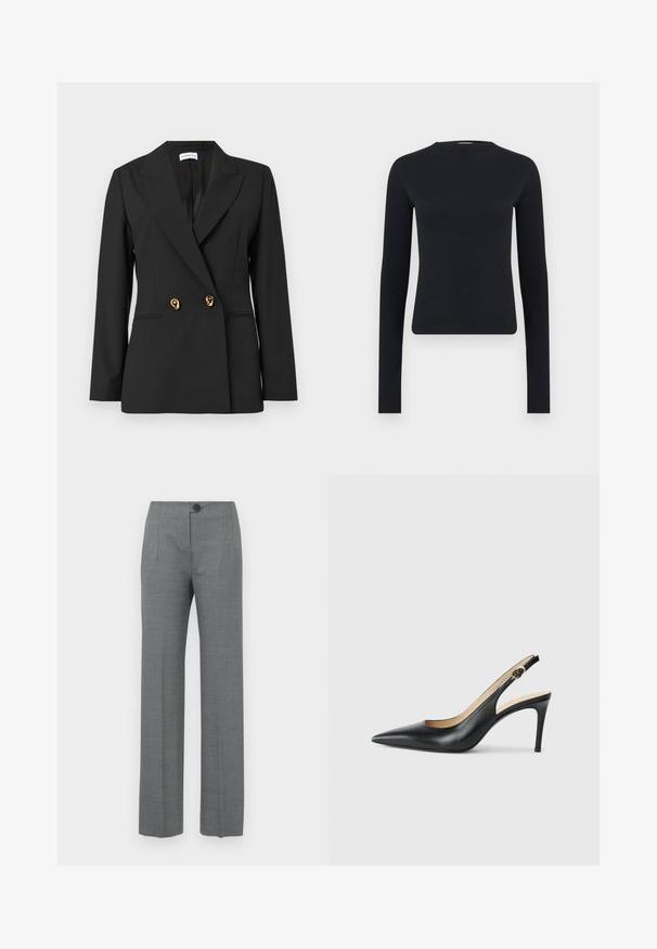 Schwarzer taillierter Blazer mit langen Ärmeln, angedeutetem Revers, zwei goldfarbenen Zierknöpfen und vorderen Paspeltaschen.; Schwarzes, langärmeliges, figurbetontes Crop-Top mit Rundhalsausschnitt aus geripptem Strickstoff, dargestellt vor schlichtem hellgrauem Hintergrund.; Graue maßgeschneiderte Hosen mit geradem Bein, ausgestattet mit einem Knopfverschluss, Seitentaschen und einem glatten, strukturierten Stoff.; Schwarze Leder-Slingback-High-Heels mit spitzem Zehenbereich, verstellbarem Riemen und schlankem Stiletto-Absatz, ausgestattet mit einer glatten Oberfläche.