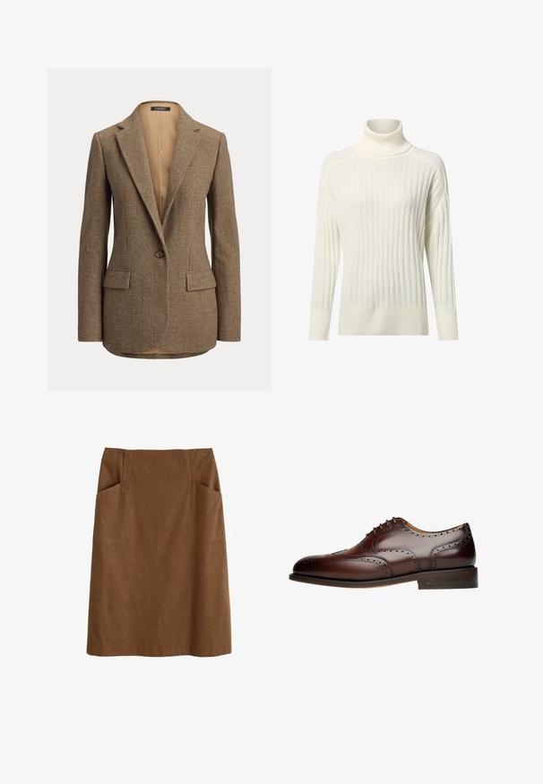 Bruine geruite blazer met één knoop, notch-revers en voorzakken met klep op een effen achtergrond.; Crème-kleurige turtleneck trui met een ribbelstructuur, lange mouwen en een relaxte fit, met subtiele kleurvariaties doorheen.; Bruine katoen rok met een aansluitende taille, twee zijzakken en een rechte snit. De stof heeft een zachte textuur en een subtiele glans.; Bruine leren dresschoen met brogue-details, een gladde afwerking, ronde neus, zes veterogen en een gestapelde hak. Subtiele perforaties langs de randen.