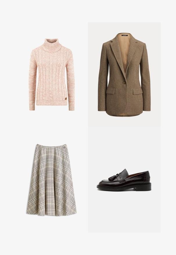 Brun ternet blazer med én knap, hakrevers og forlommer med klapper på ensfarvet baggrund.; Strikket højhalset sweater i blød ferskenfarve med struktureret kabelmønster, lange ærmer og et vævet mærke på kanten.; Beige A-formet nederdel med et tekstureret ternet mønster i sorte, brune og lyseblå linjer, med en lille broderet logo nær linningen.; Mørkebrun læderloafer med duske, syningsdetaljer og en lav stablet hæl på en ensfarvet lys baggrund.