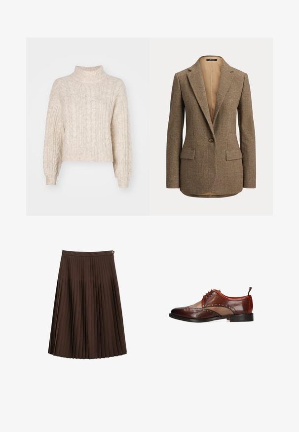 Bruine geruite blazer met één knoop, notch-revers en voorzakken met klep op een effen achtergrond.; Crème-kleurige cropped trui met een hoge nek, met een getextureerd kabelbreipatroon en lange, iets pofmouwen.; Donkerbruine, knielange geplooide rok met een tailleband en een kleine metalen knoop aan de zijkant tegen een witte achtergrond.; Bruine leren herenschoenen in twee tinten met brogue-details, vetersluiting en zwarte zool, zijaanzicht op witte achtergrond.