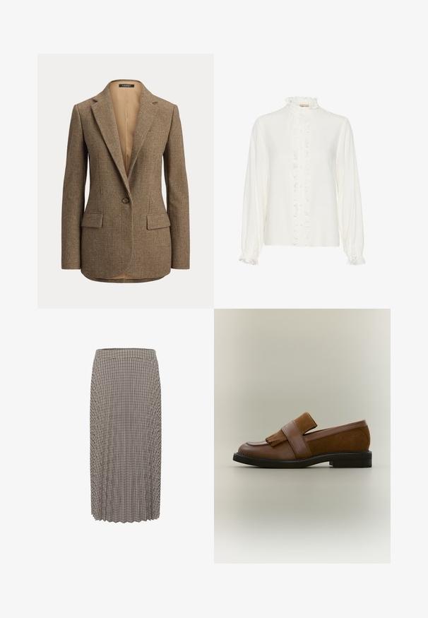Veste marron à carreaux avec un seul bouton, revers crantés et poches à rabat devant sur fond uni.; Blouse blanche avec un devant froncé, col montant et manches longues. Fabriquée dans un tissu lisse avec des boutonnières au centre.; Jupe plissée mi-longue avec un petit motif à carreaux marron et beige et une taille élastique.; Mocassin marron en cuir et daim avec détail de bride à franges et semelle noire, vu de côté sur un fond neutre.