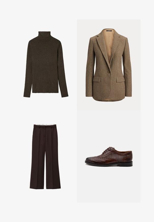 Blazer marrón a cuadros con un solo botón, solapas con muesca y bolsillos frontales con solapa sobre un fondo liso.; Top de cuello alto marrón oscuro hecho de una tela suave y texturada. Presenta mangas largas y un diseño ajustado, con un escote liso.; Pantalones de pierna ancha en tela marrón oscuro, con cintura alta, pinzas dobles y bolsillos laterales. Textura suave con pasadores para cinturón.; Zapato de vestir masculino wingtip de cuero marrón con detalles brogue y paneles laterales de tela a cuadros, mostrado de perfil sobre fondo blanco.