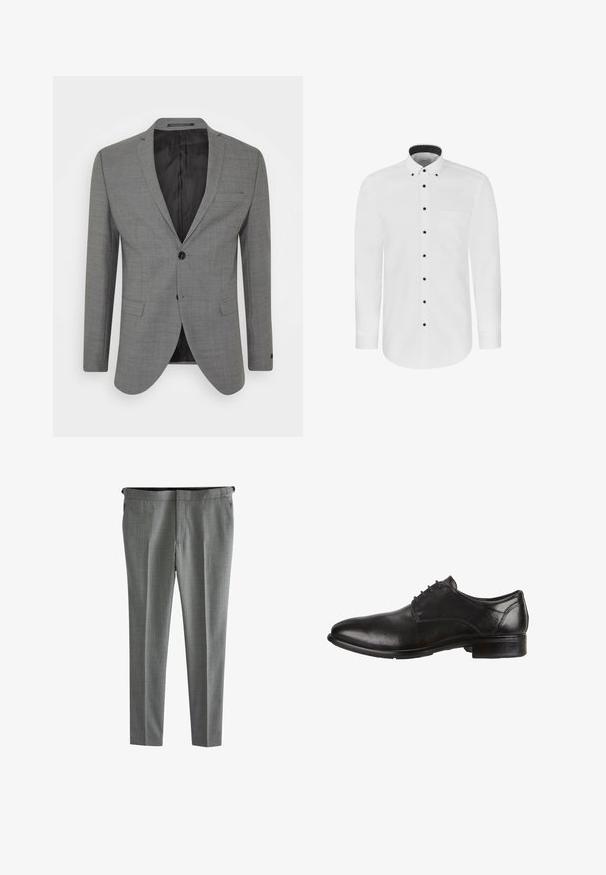 Blazer gris en tissu texturé, fermeture à un bouton, revers étroits et deux poches avant, avec une doublure intérieure noire.; Chemise blanche à manches longues avec boutons noirs, une poche poitrine et un col intérieur à motif.; Pantalons à motif gris avec une coupe sur mesure, présentant un devant plat, des passants de ceinture et des poches latérales. Texture lisse avec une finition formelle.; Chaussure habillée en cuir noir avec une finition lisse, un bout rond, un laçage et un talon bas empilé. Accents de couture subtils visibles.